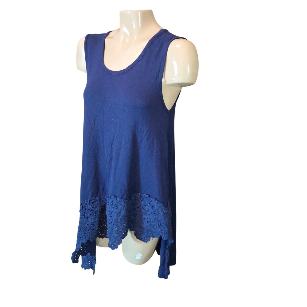 Pebble and Stone Womens Tank Top Navy Relaxed Small Eyelet Trim Asymmetric Hem